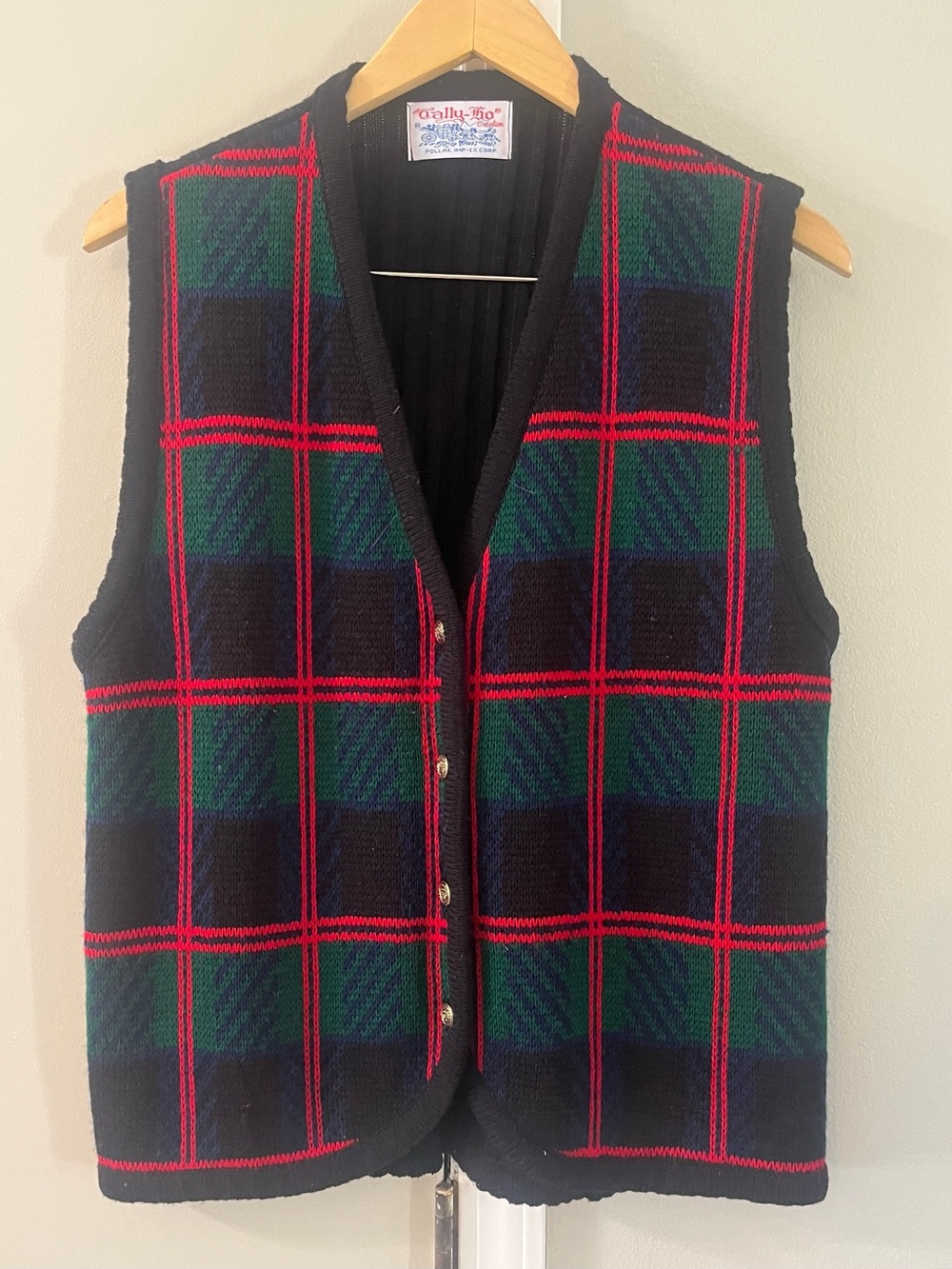 Vintage Tally-Ho Plaid Button-Front Knit Sweater Vest - Size XL